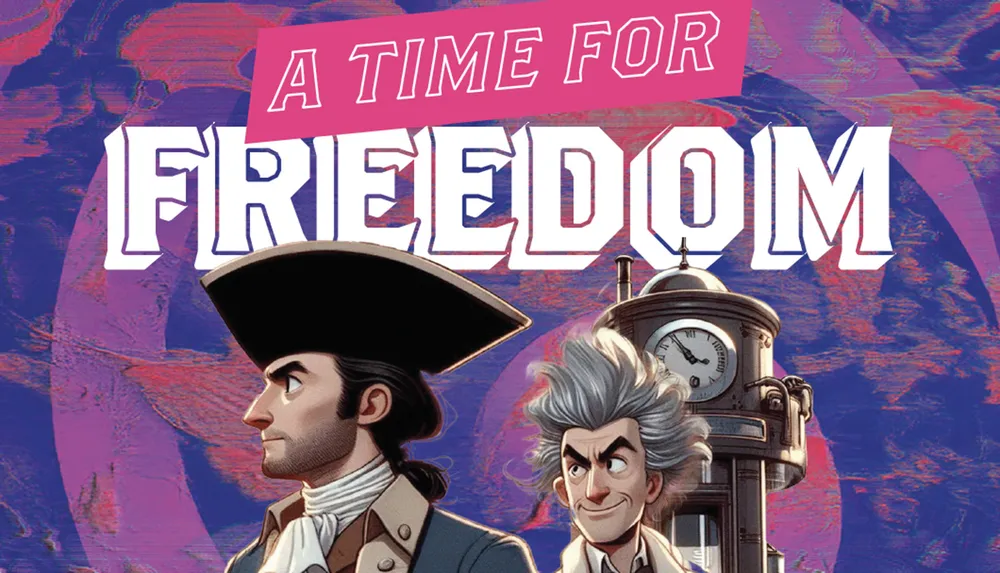 The image features two animated characters in historical outfits standing in front of a clock tower with the text A Time for Freedom above them