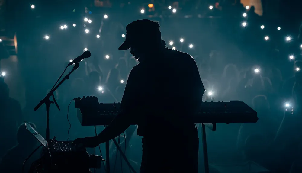 A person is silhouetted against a crowd holding up illuminated phones during a live music performance