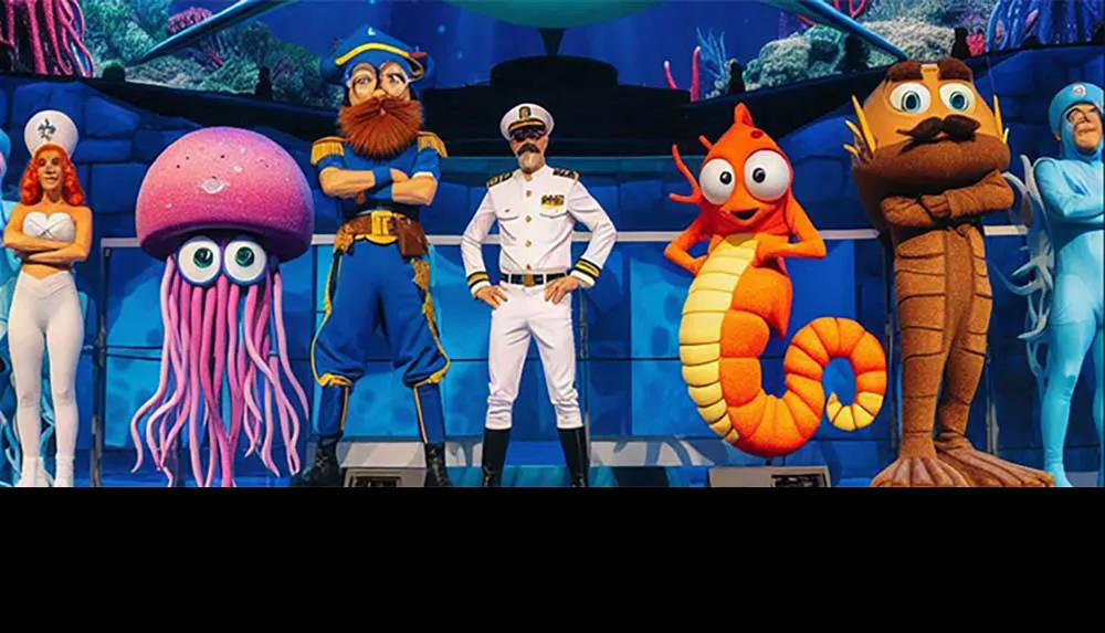 The image features a group of people in colorful marine-themed costumes and uniforms on a stage decorated to look like an underwater setting
