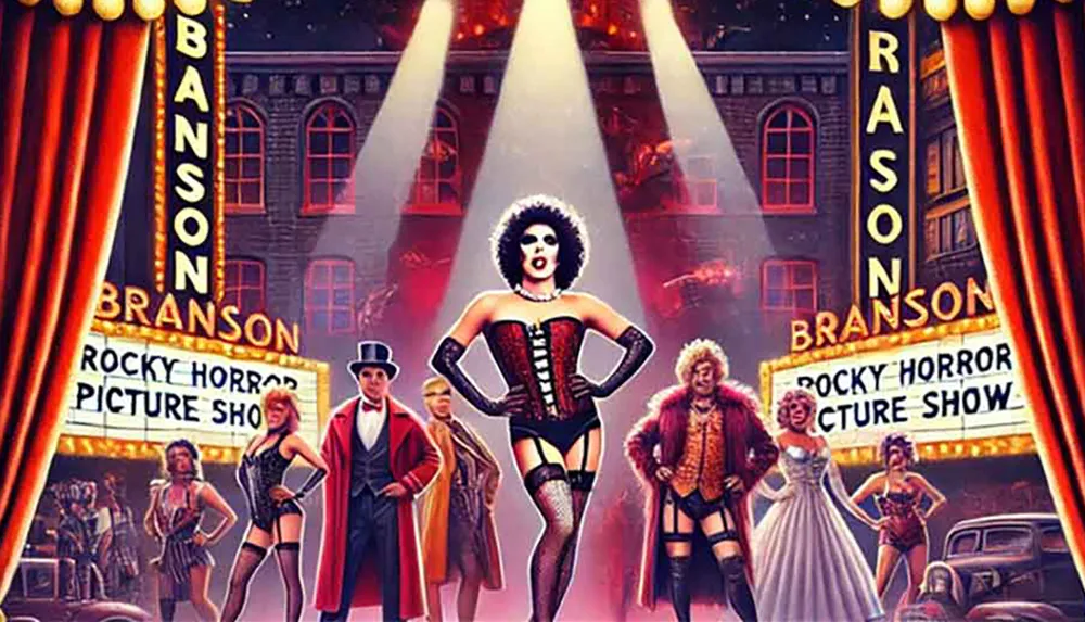 The image is a colorful theatrical poster for The Rocky Horror Picture Show featuring an ensemble cast in flamboyant costumes standing confidently on stage