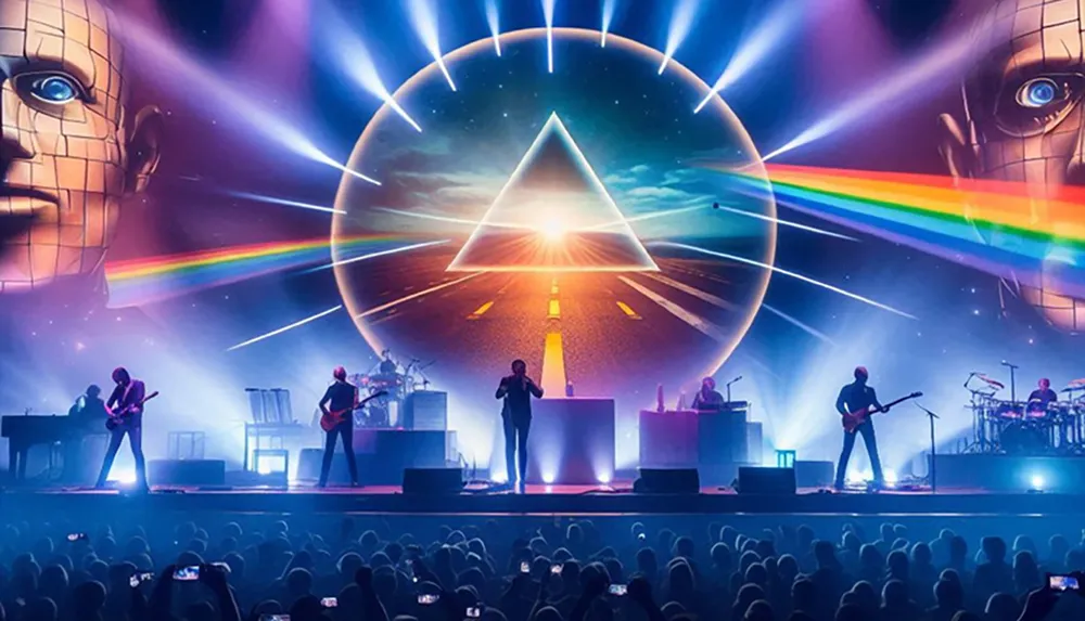 A band performs on stage under a vibrant light show with a large triangular prism and rainbow projection in the background while the audience captures the moment
