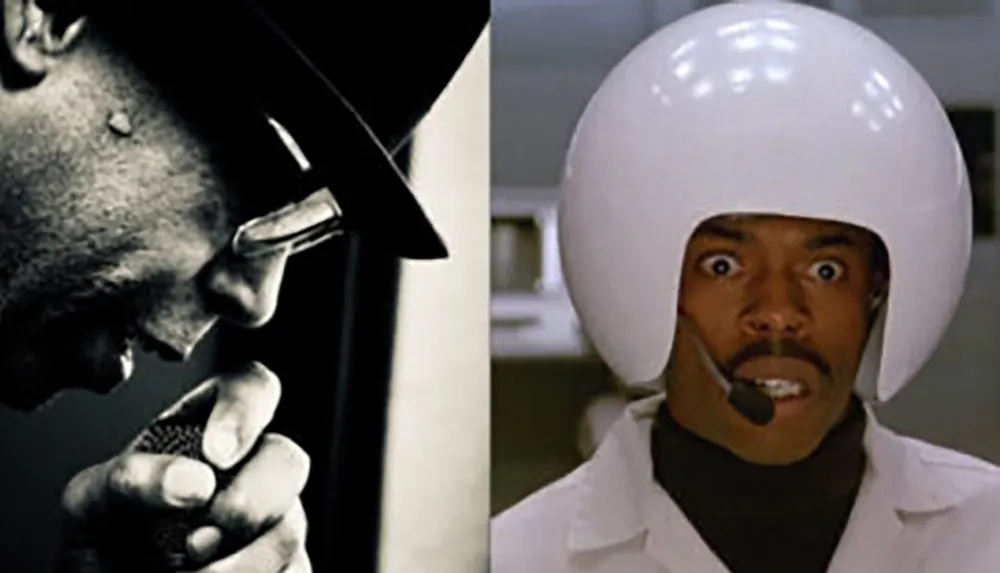 The image shows a side-by-side comparison of a person in profile speaking into a microphone and another person wearing a large white helmet with a surprised expression