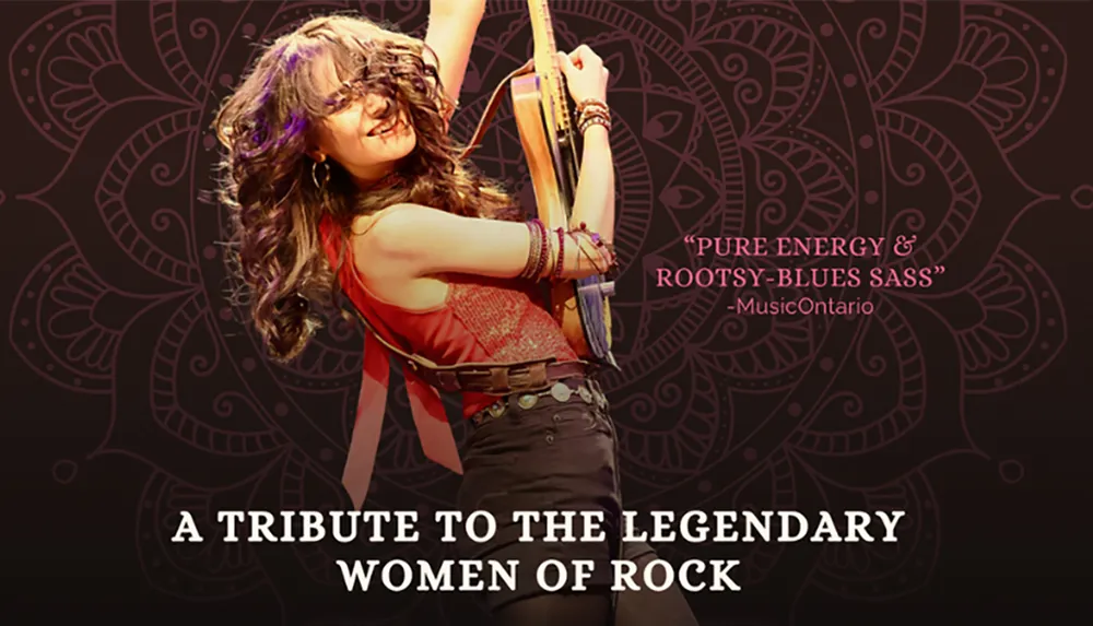 A woman is energetically playing a guitar with the text A Tribute to the Legendary Women of Rock and a quote praising her pure energy  rootsy-blues sass by MusicOntario