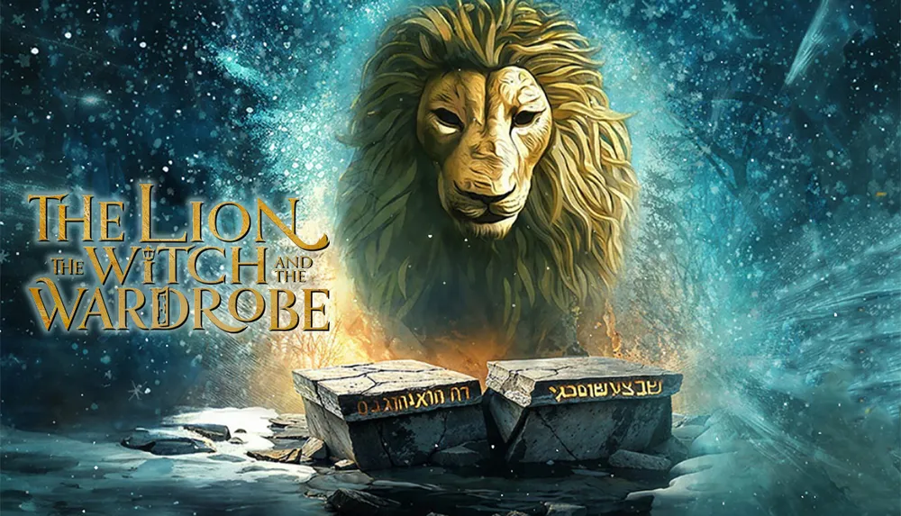 The image features a majestic lion emerging from a snowy mystical background with The Lion The Witch and The Wardrobe text prominently displayed